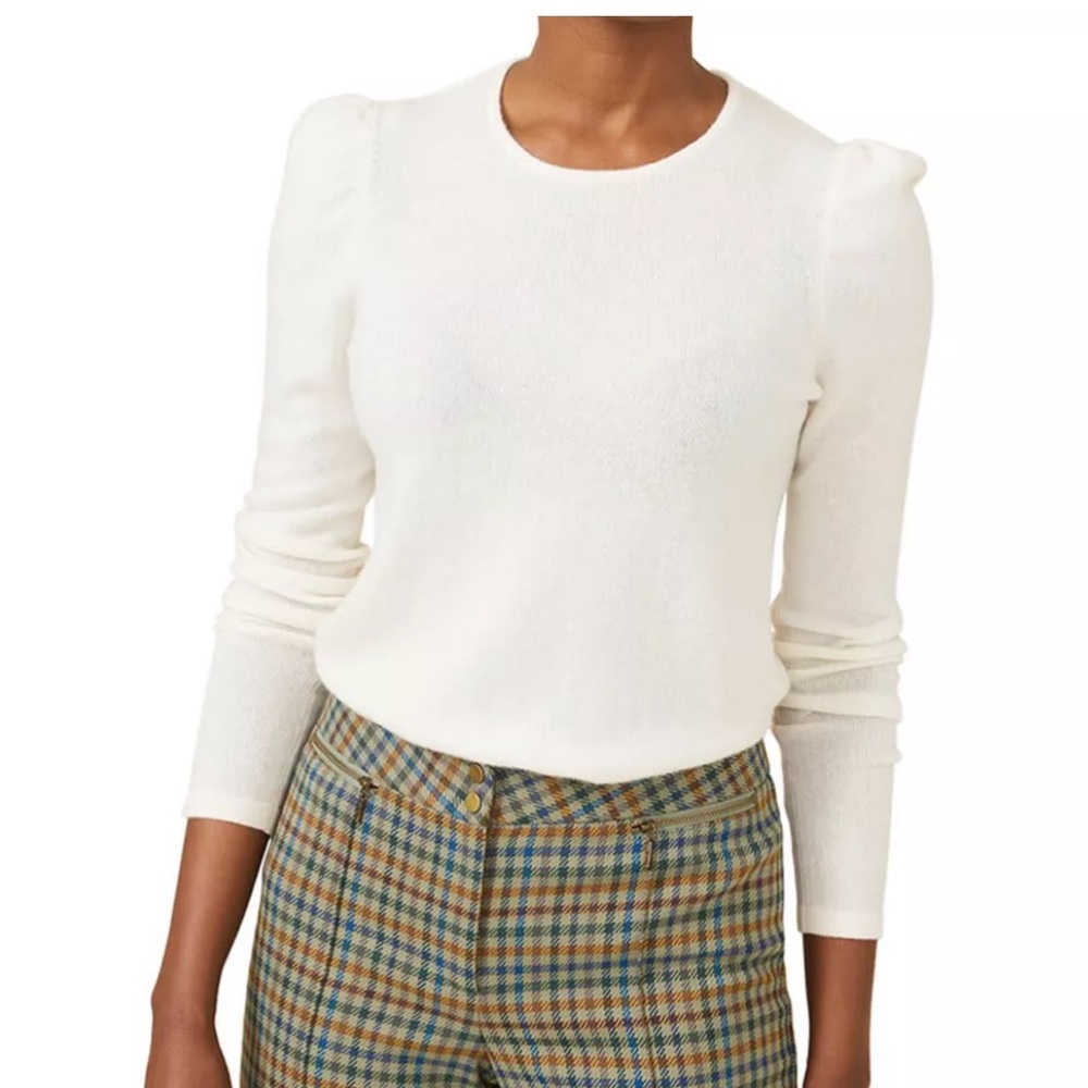 J. McLaughlin Wynn Cashmere Sweater Puff Sleeves Crew Neck White New Small